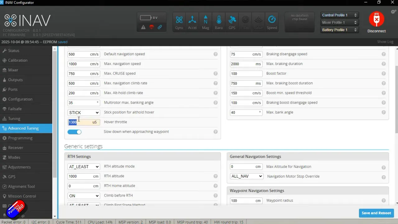 Advanced tuning showing hover throttle and navigation settings