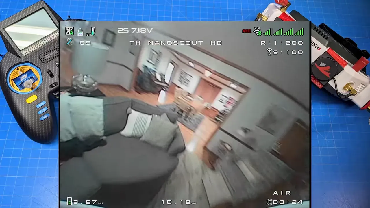 On-screen telemetry showing battery voltage during flight