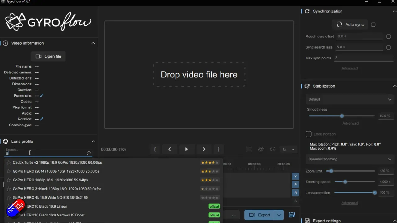 Gyroflow template library; many pre-made profiles available for download