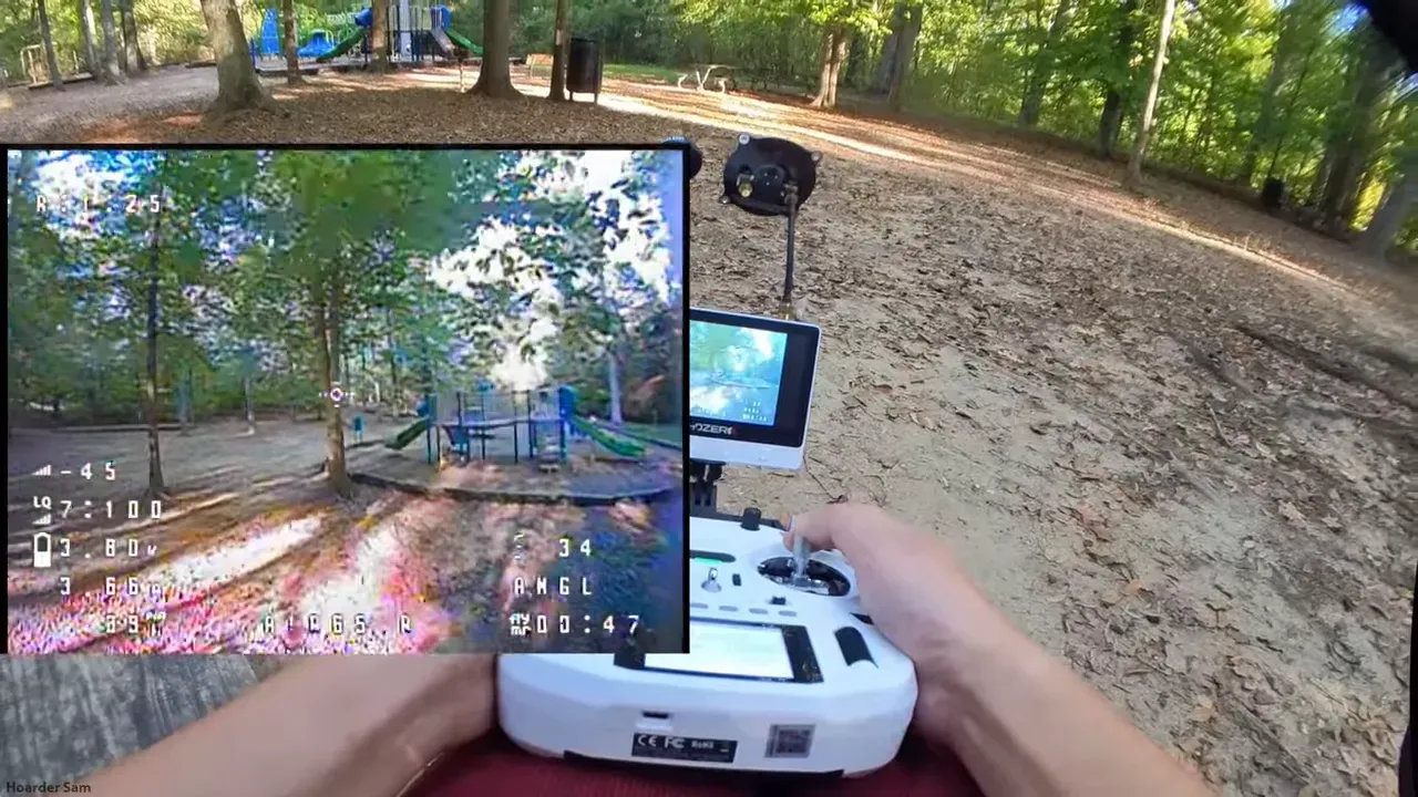 Drone flying at the park; props exposed