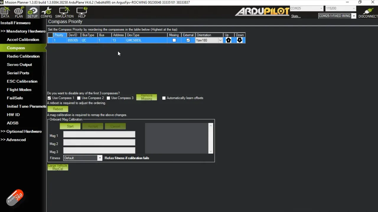 Mission Planner / ArduPilot connected to Argus H7