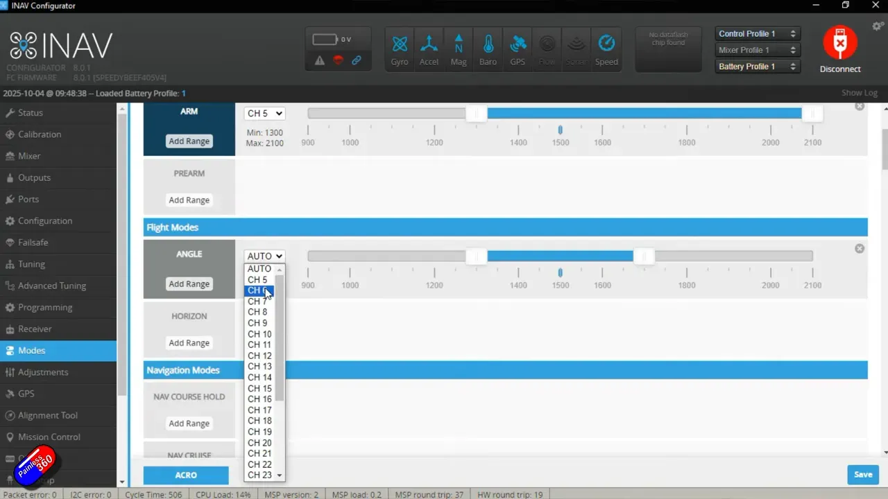 Modes tab assigning arm, flight modes and RTH to switches