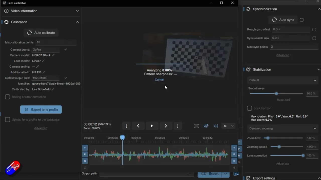 Gyroflow auto-generation progress screen analysing checkerboard frames
