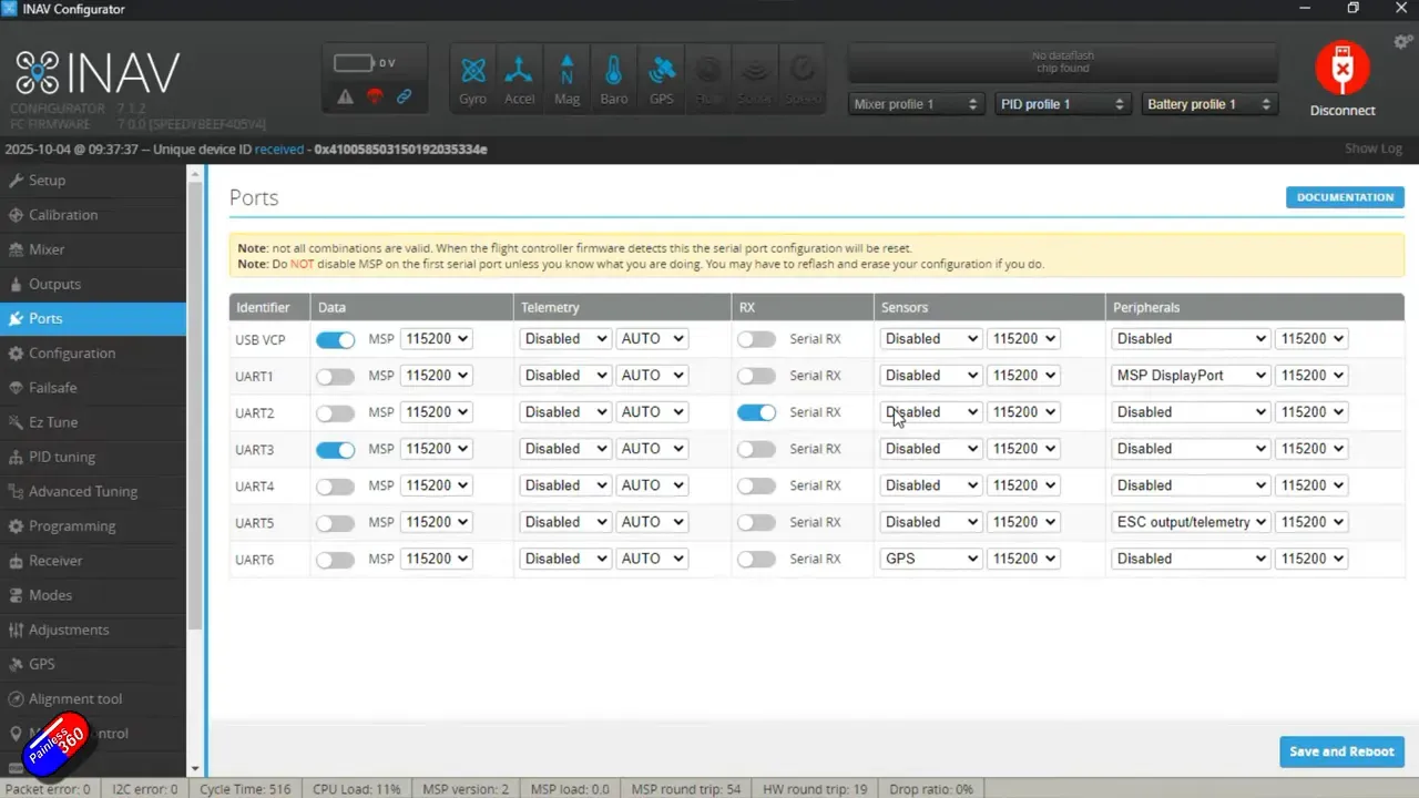 INAV ports tab with UARTs assigned to GPS, receiver and MSP