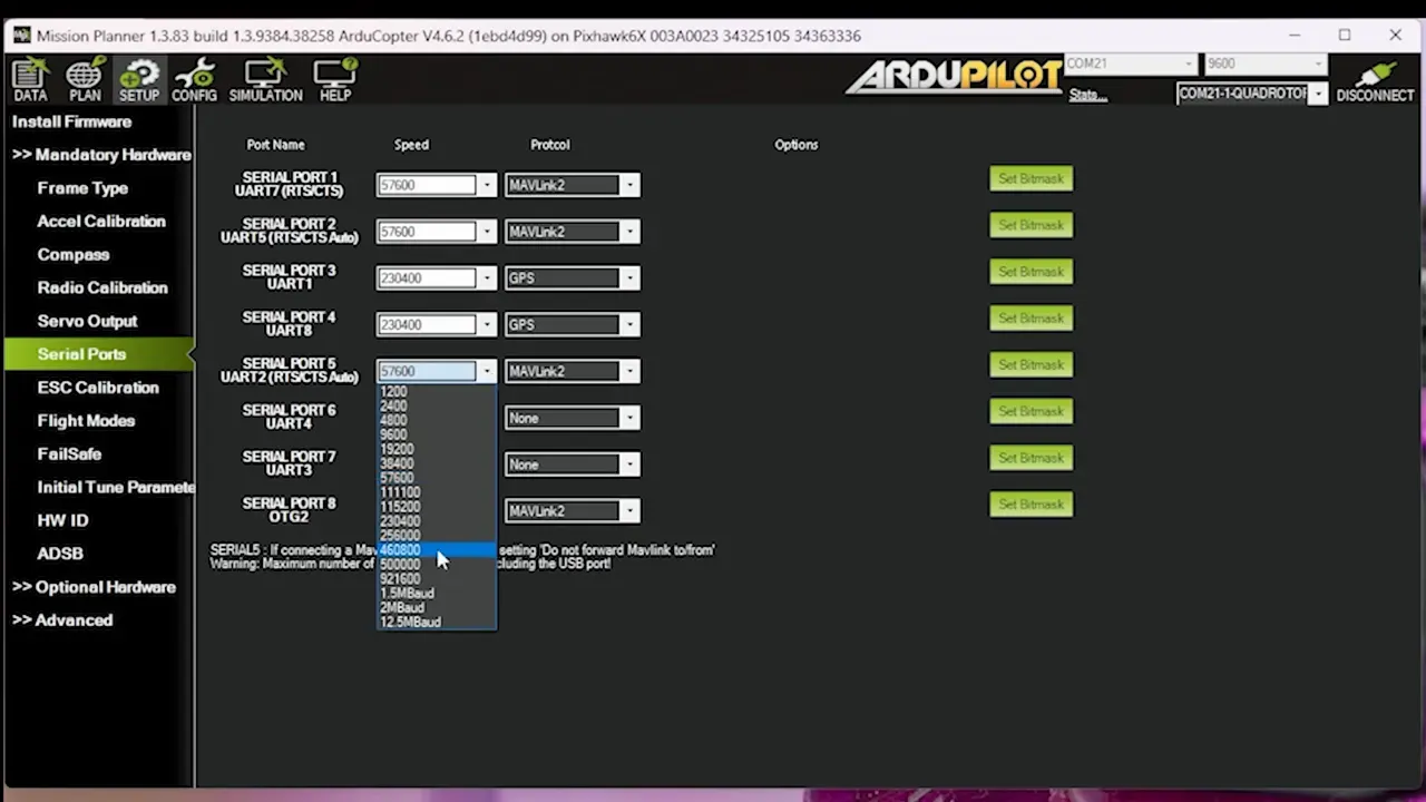 ArduPilot serial port set to MAVLink2 and baud 460800