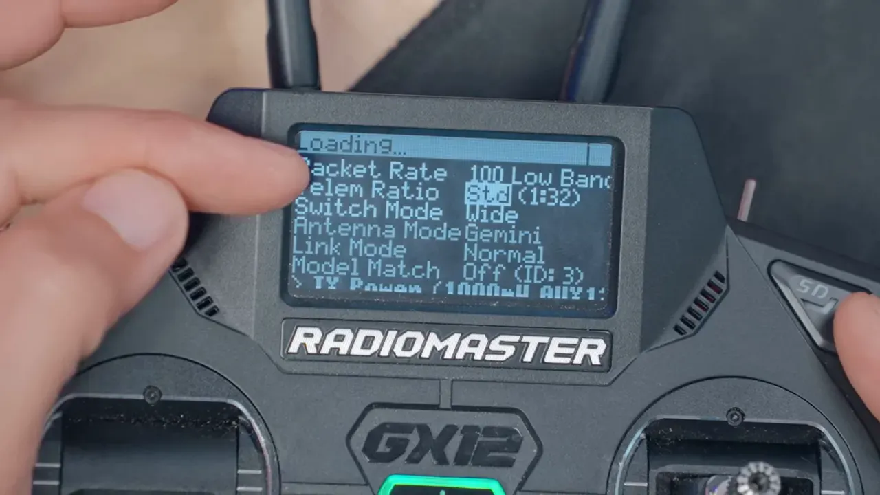 ExpressLRS Lua script receiver settings showing telemetry power