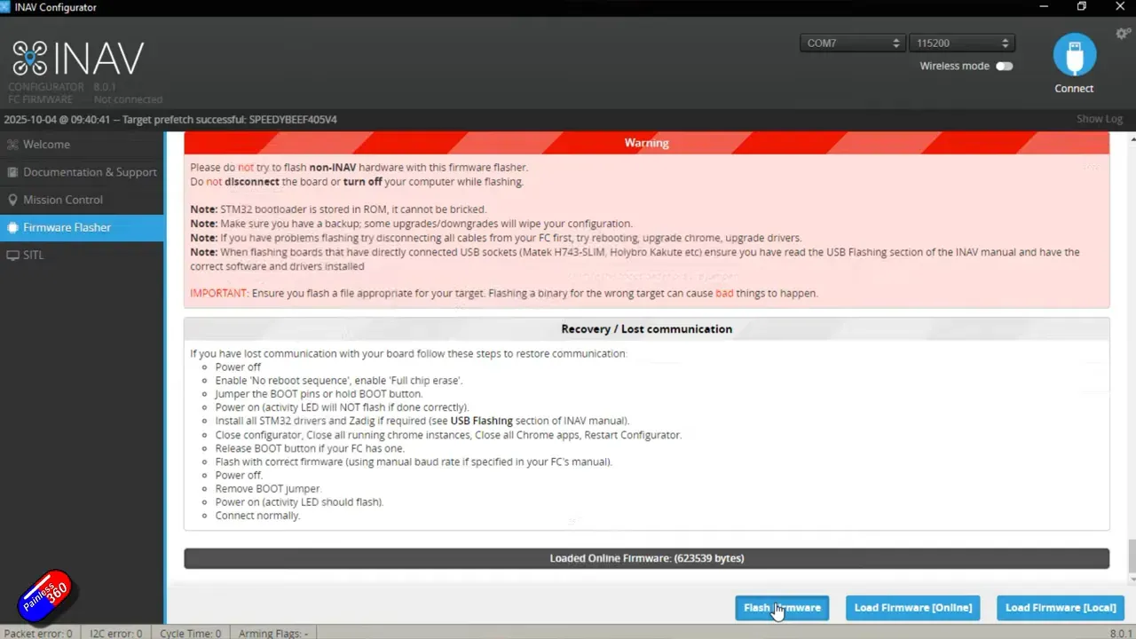 INAV firmware flasher selecting the speedybee target and flashing
