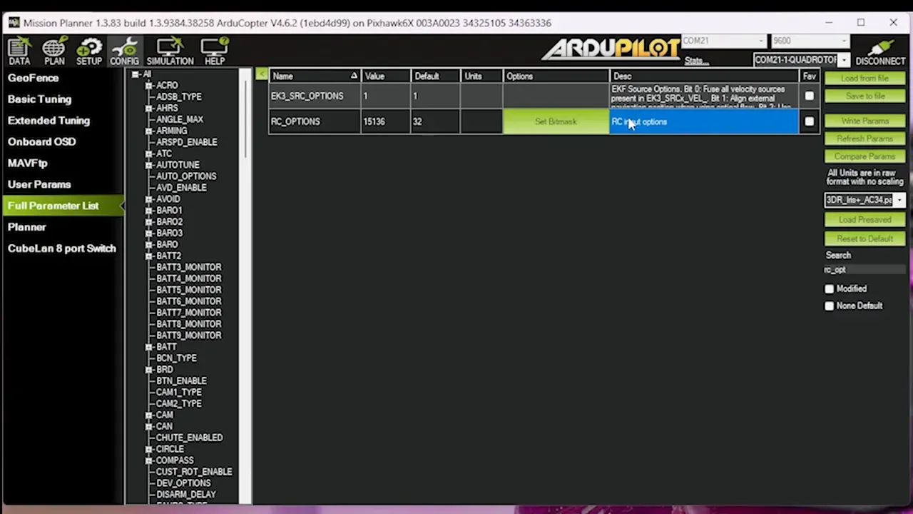ArduPilot parameter showing USE_420KBOD for ELRS