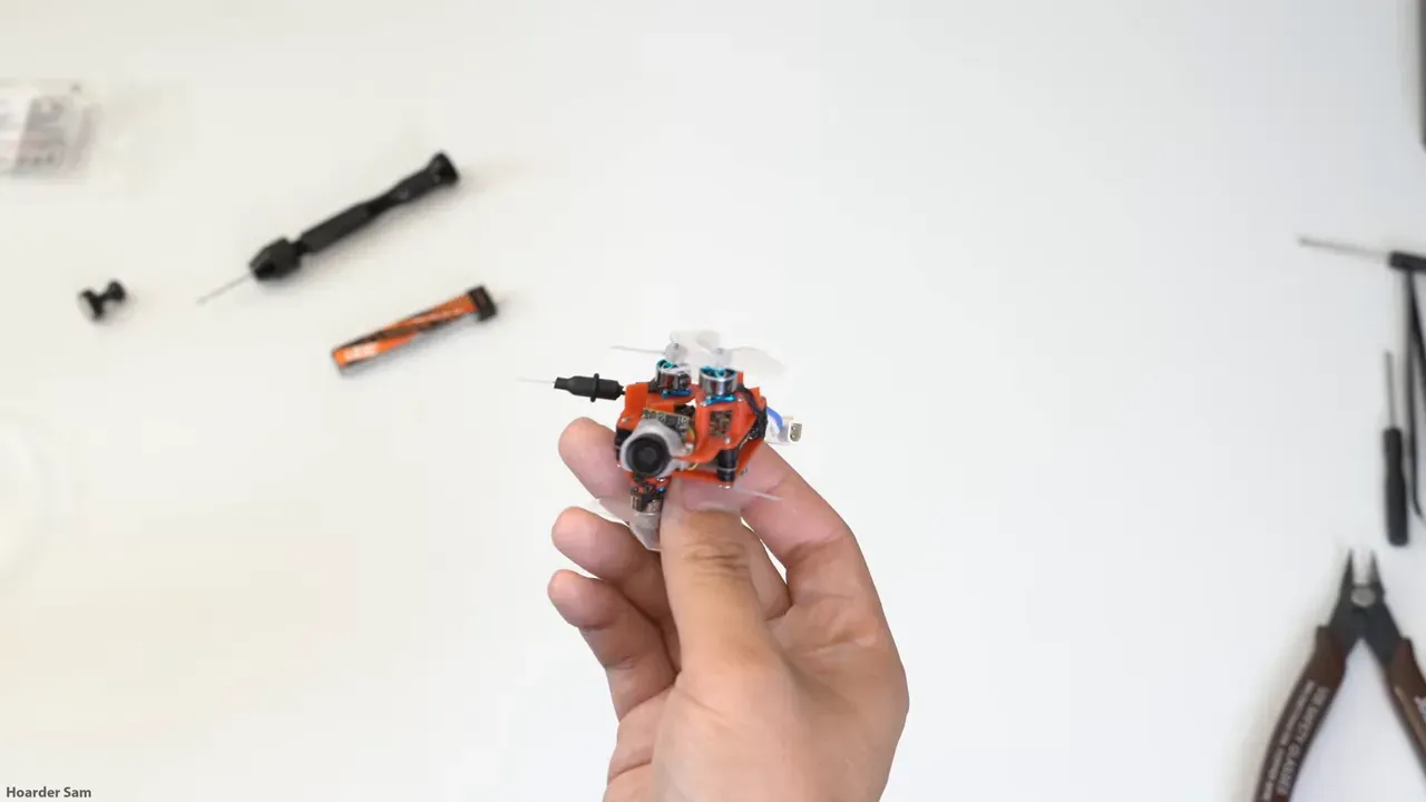 Final assembled world's smallest FPV drone with camera mounted