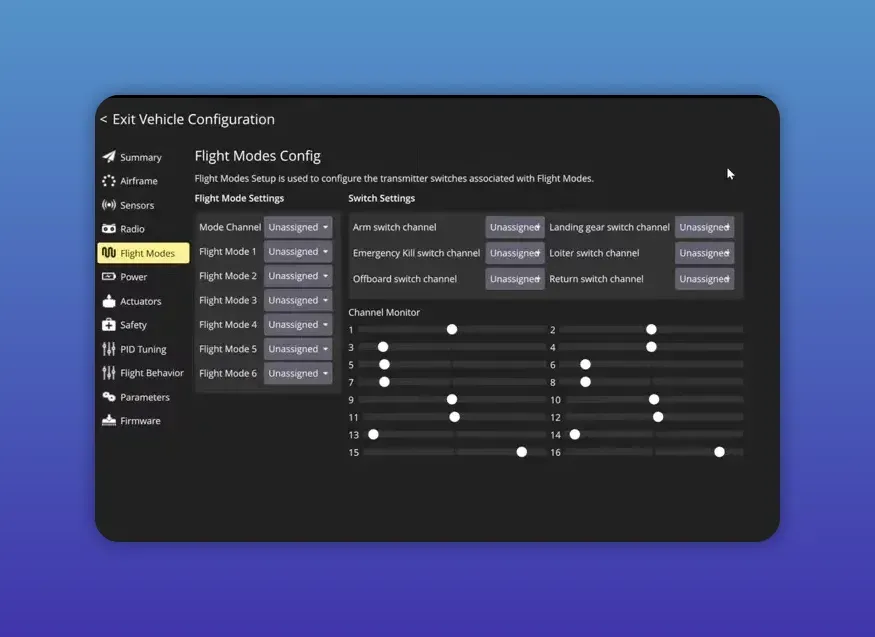 QGroundControl Flight Modes Config screen showing Mode channels unassigned, Switch Settings for Arm/Emergency Kill and a channel monitor, presenter inset on the right