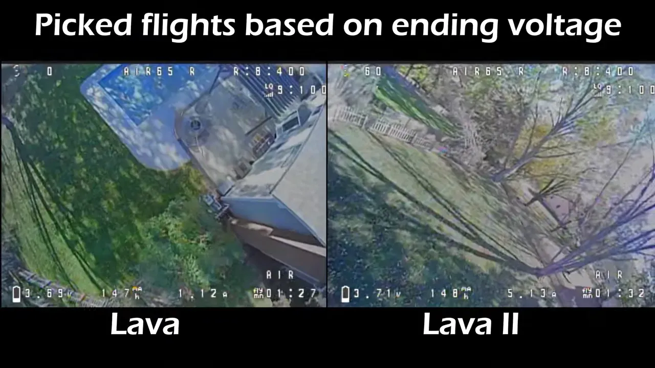 Clear split-screen FPV view comparing Lava (left) and Lava II (right) runs with the caption 'Picked flights based on ending voltage' and readable telemetry readings along the bottom.