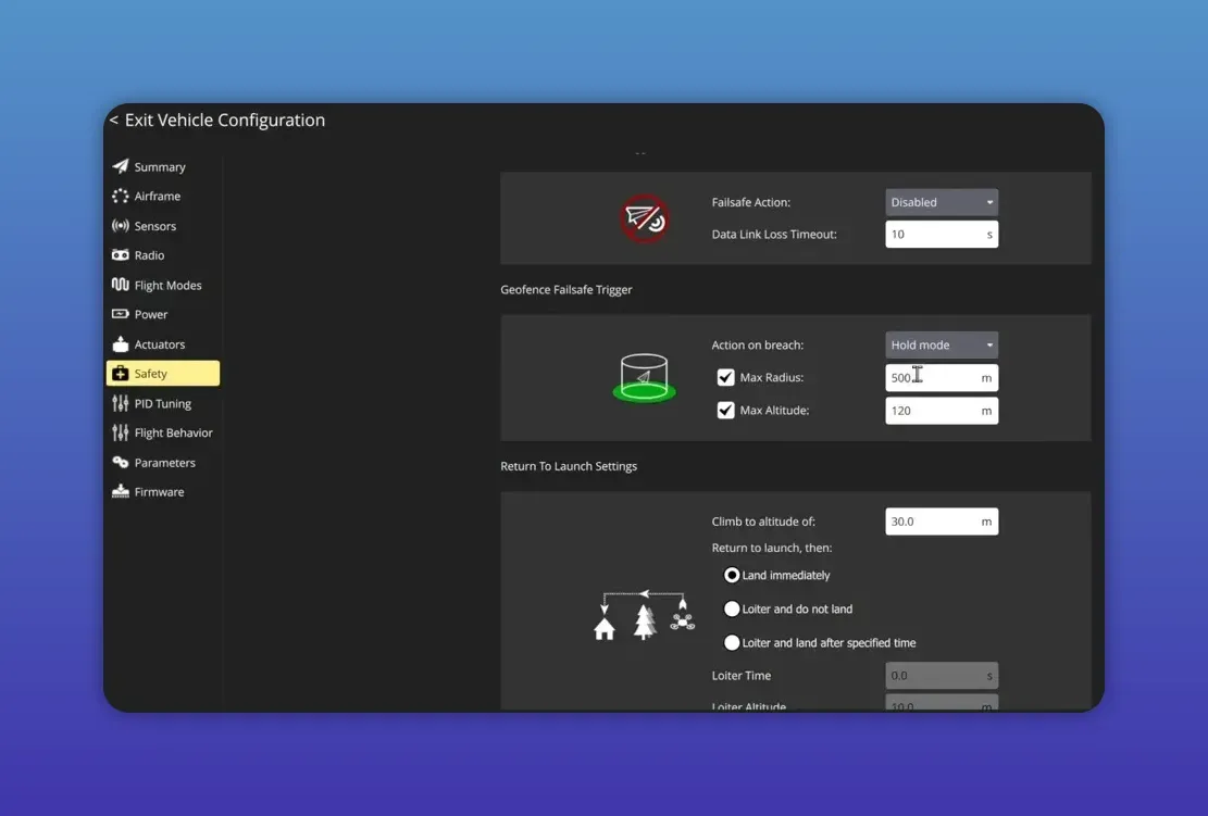 QGroundControl Safety tab showing Geofence Failsafe Trigger (Max Radius 500 m, Max Altitude 120 m) and Return To Launch settings, presenter inset visible.