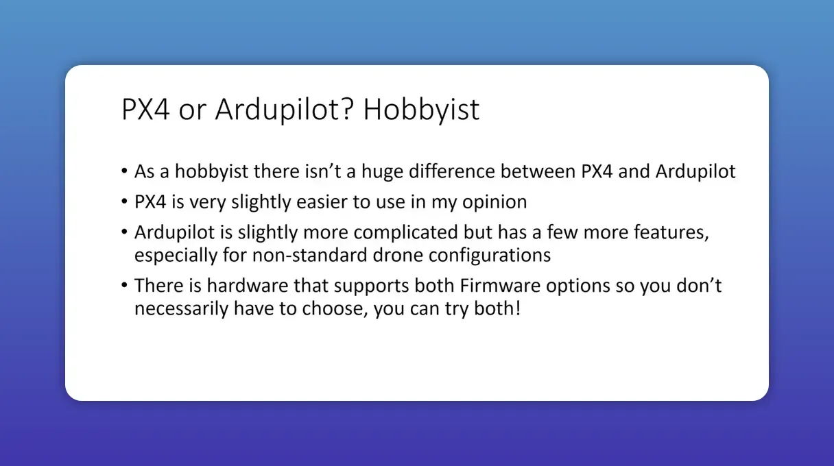 PX4 or Ardupilot?hobbyist slide with concise bullet points explaining the differences and a clear presenter inset visible