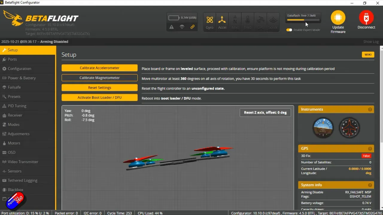 BetaFlight configurator showing FC and port mapping