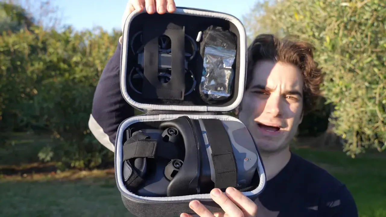 Aquila20 kit inside carry case showing the drone, VR04 goggles and accessory pouch