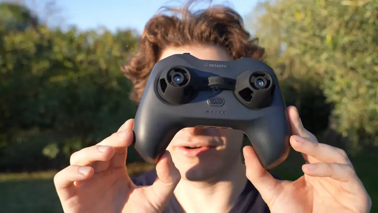 BetaFPV Light Radio 4 SE front view controller with gimbals and power button