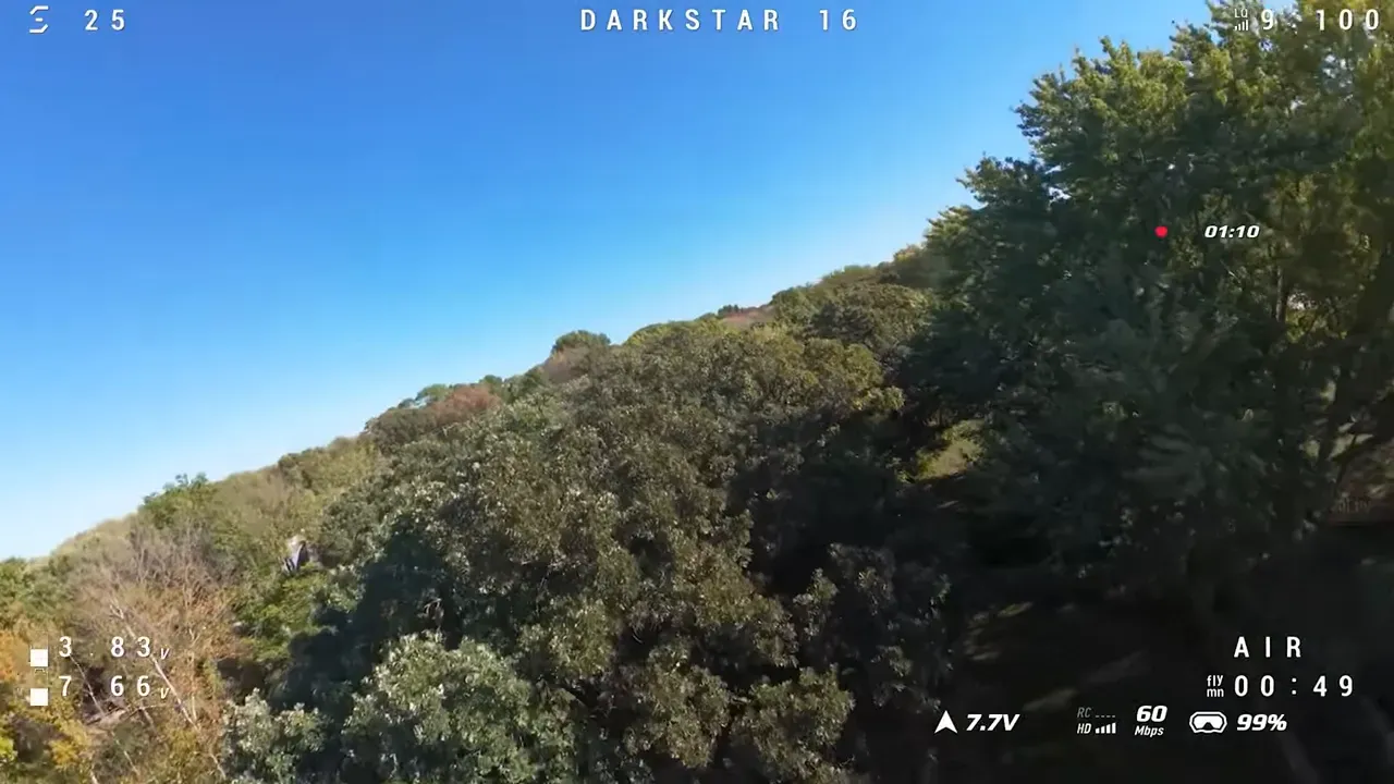 On-screen telemetry with throttle and voltage visible