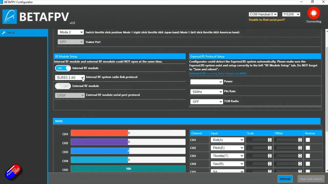 BetaFPV configurator interface with mode and channel settings