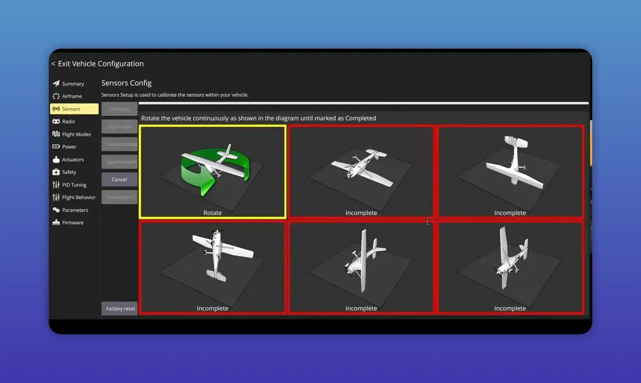 QGroundControl sensors calibration screen with six orientation boxes, 'Rotate' highlighted and presenter inset