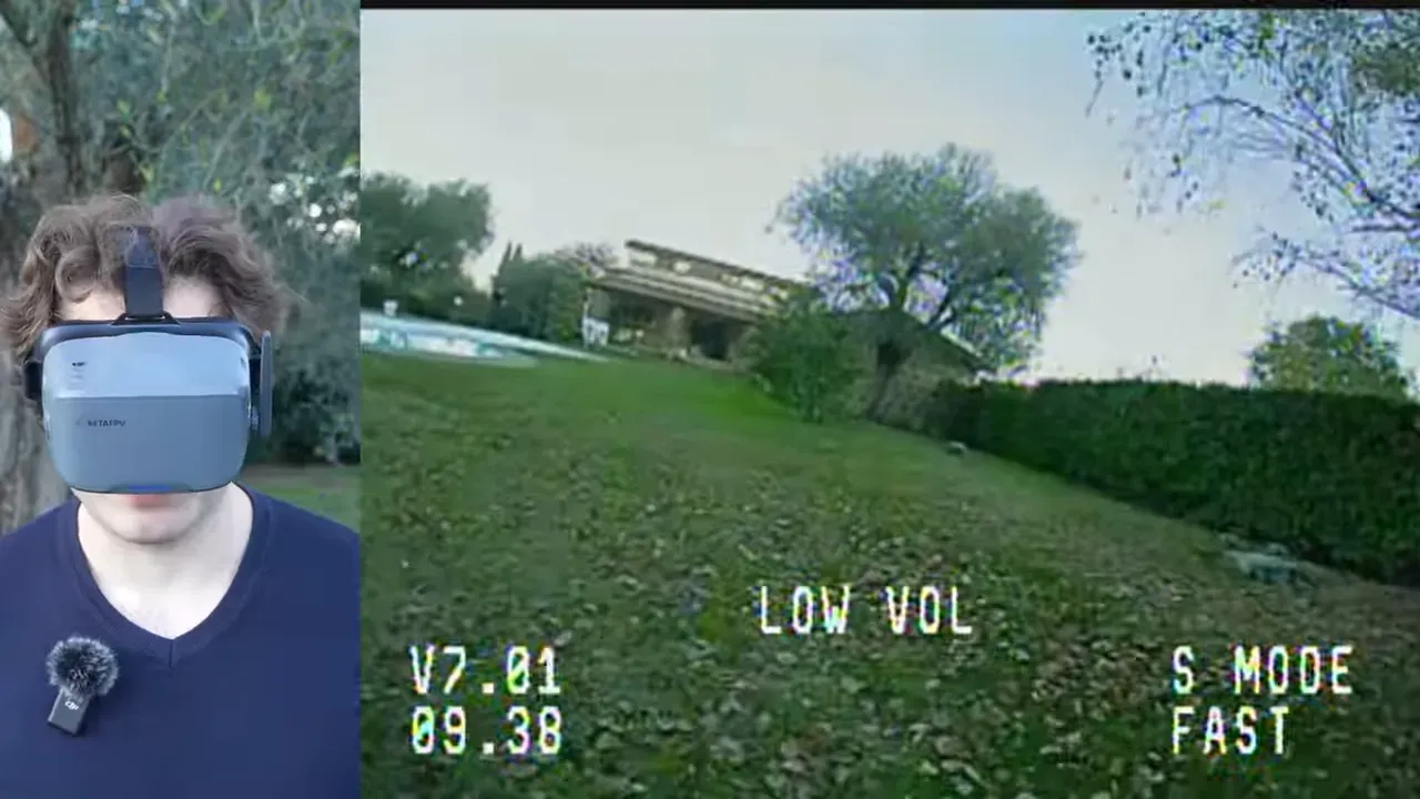 Split view: reviewer with VR04 goggles on left and FPV feed on right showing telemetry V7.01, flight time and a prominent 'LOW VOL' warning.