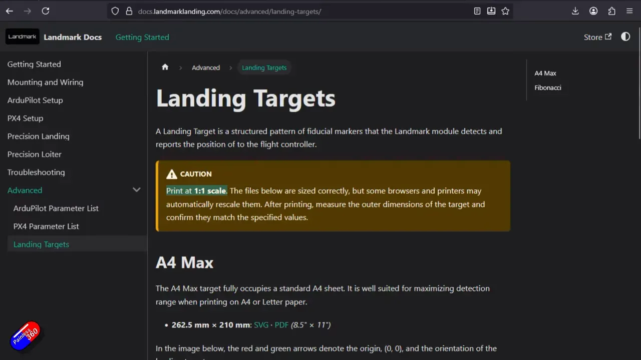 Landmark documentation page with a highlighted caution box that says print at 1:1 scale for landing targets