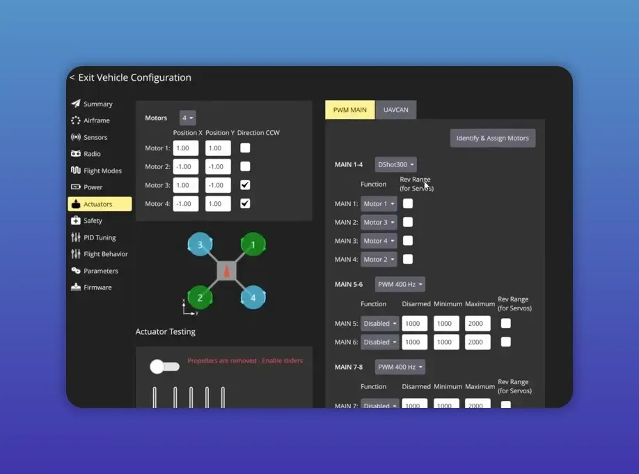 QGroundControl Actuators/Actuator Outputs tab showing motor mapping, DShot300 selected and Identify & Assign Motors button; small presenter inset on the right