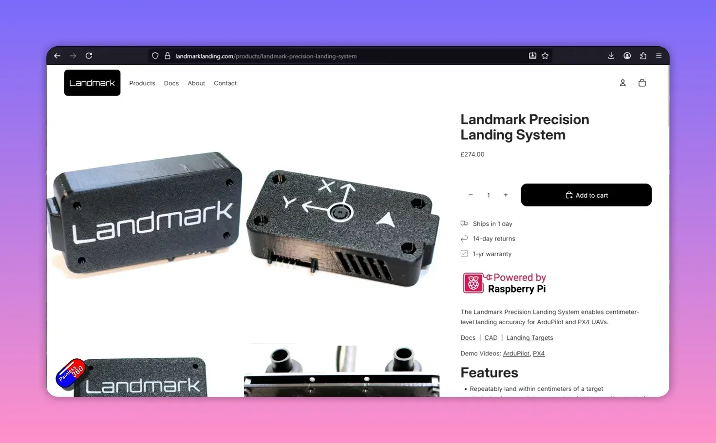 High-clarity screenshot of Landmark Precision Landing System product page with unit close-up