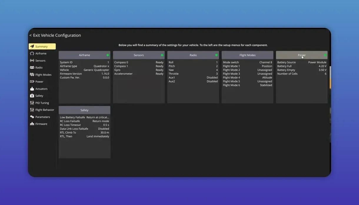 QGroundControl Vehicle Configuration summary with Power panel showing Battery Full 4.20V, Battery Empty 3.50V and Number of Cells, presenter inset