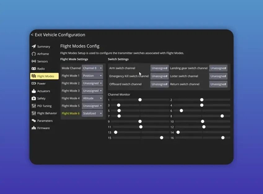 QGroundControl Flight Modes Config screen showing Mode Channel, Switch Settings and Channel Monitor with a clear presenter inset