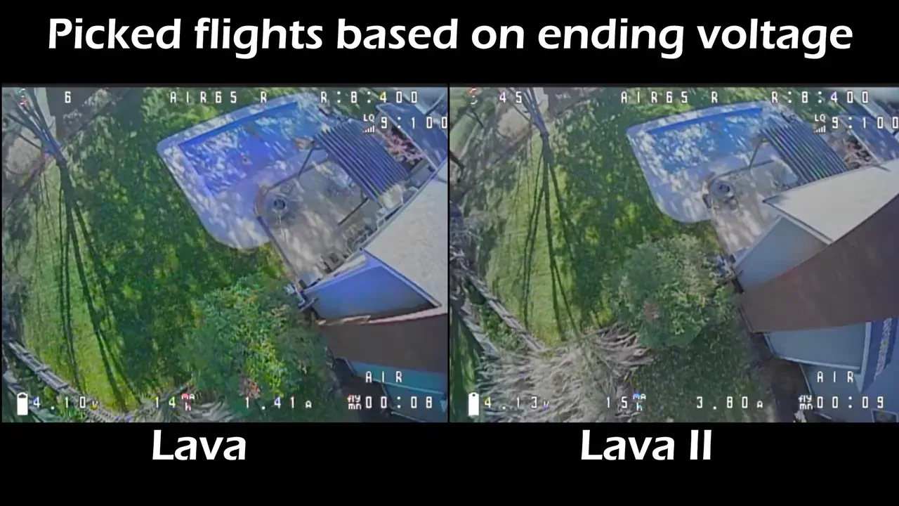 Top‑down split‑screen FPV in‑flight view comparing Lava (left) and Lava II (right) flights with visible HUD telemetry and run timers.
