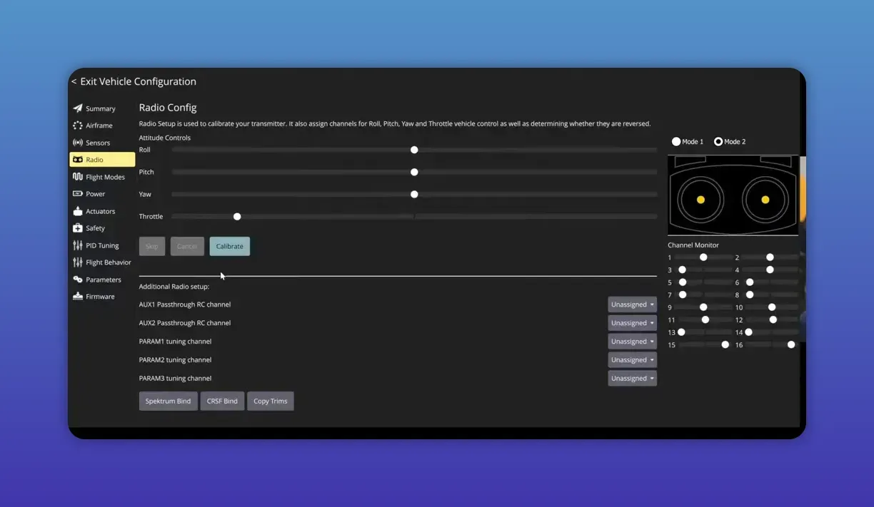 QGroundControl Radio Config screen showing stick sliders, 'Calibrate' button, Channel Monitor and presenter inset, clear and sharp.