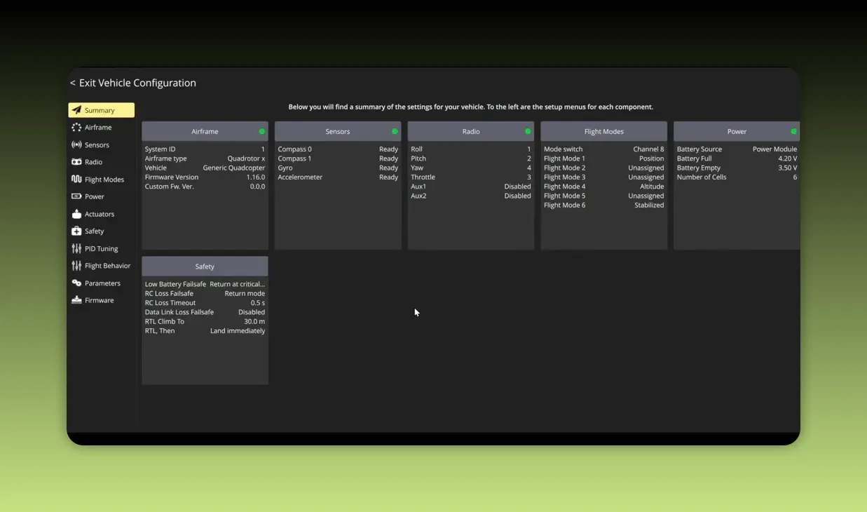 QGroundControl Vehicle Configuration summary screen with clear panels for Airframe, Sensors, Radio, Flight Modes and Power; presenter visible in an inset window