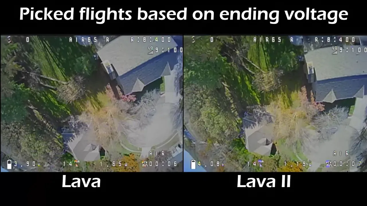 Top‑down split‑screen FPV in‑flight view comparing Lava (left) and Lava II (right) flights with visible telemetry and run timers.