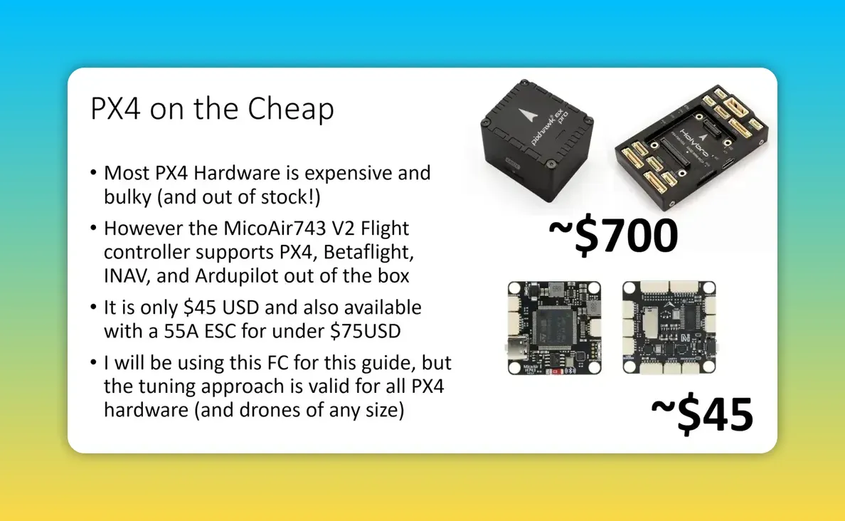 Clear slide titled 'PX4 on the Cheap' showing MikoAir743 flight controller boards, a 4-in-1 ESC and approximate prices (~$700 and ~$45) with the presenter at right.
