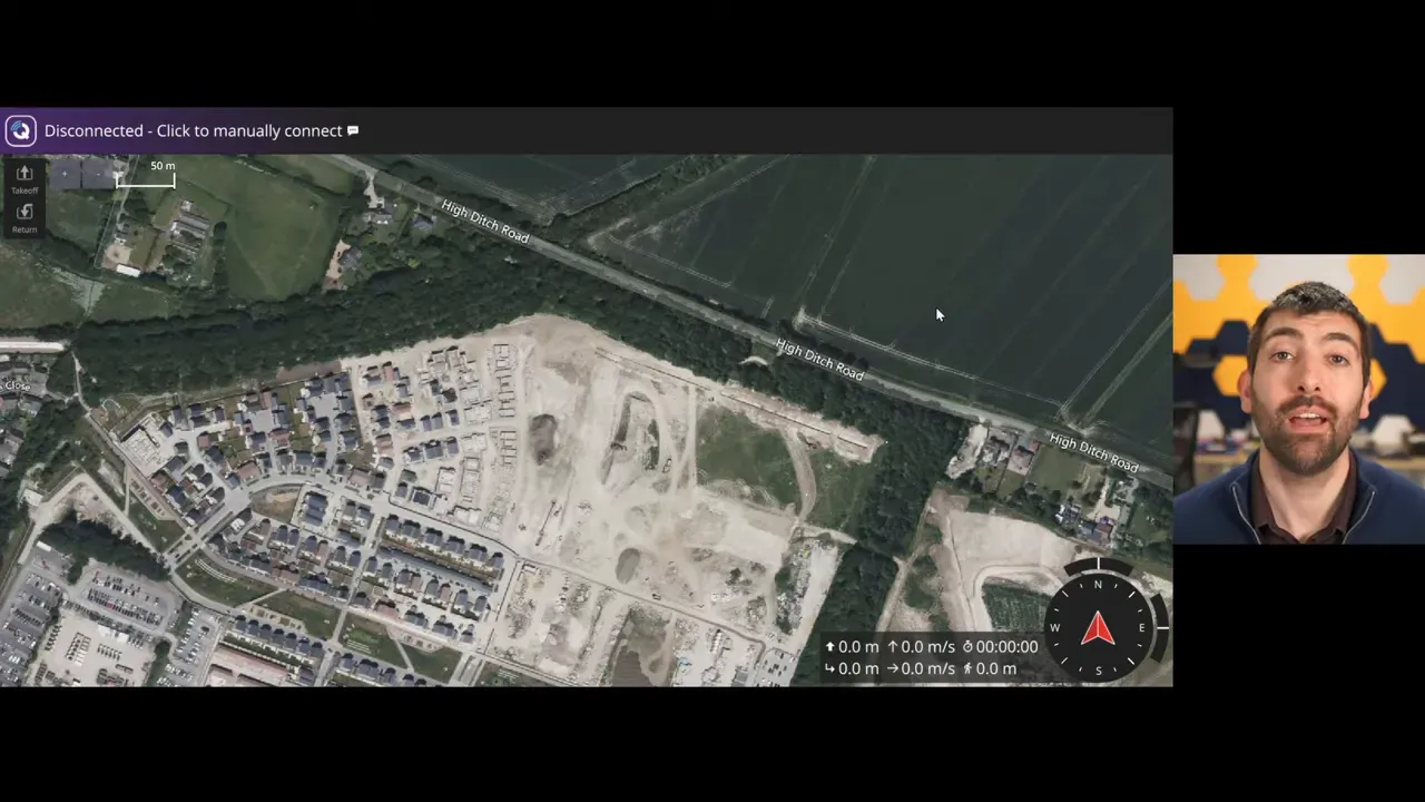 QGroundControl satellite map showing terrain, 'High Ditch Road' label and telemetry compass, with presenter inset on the right.