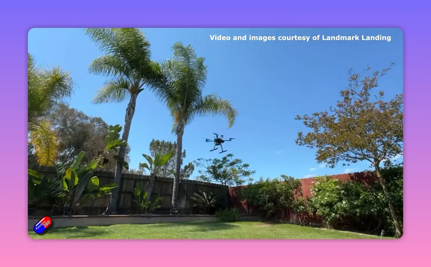 VTOL drone hovering low over lawn with trees and fence, clear view of the airframe