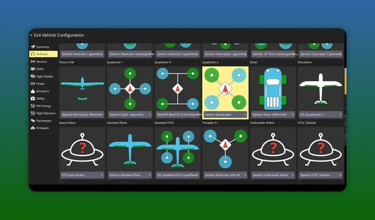QGroundControl airframe selection grid with Generic Quadcopter highlighted and presenter inset