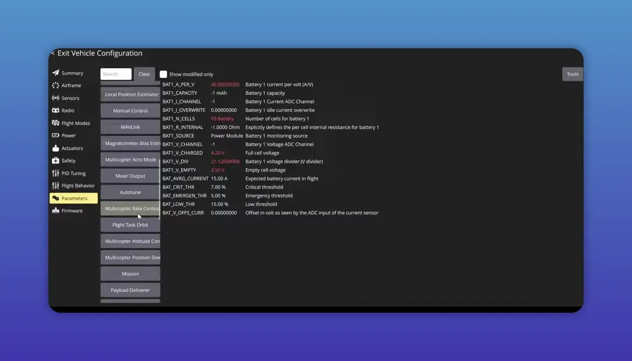 QGroundControl Parameters list showing Manual Control, MAVLink and other parameter groups with battery values in the main pane and a presenter inset