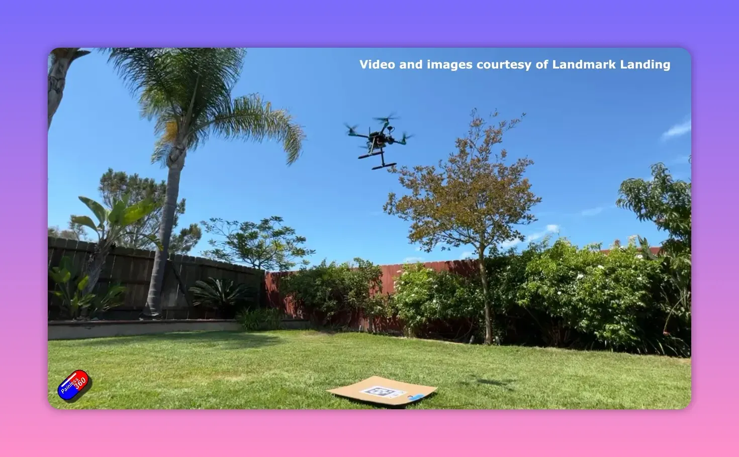 VTOL drone approaching a printed AprilTag landing pad on grass in bright daylight with clear sky