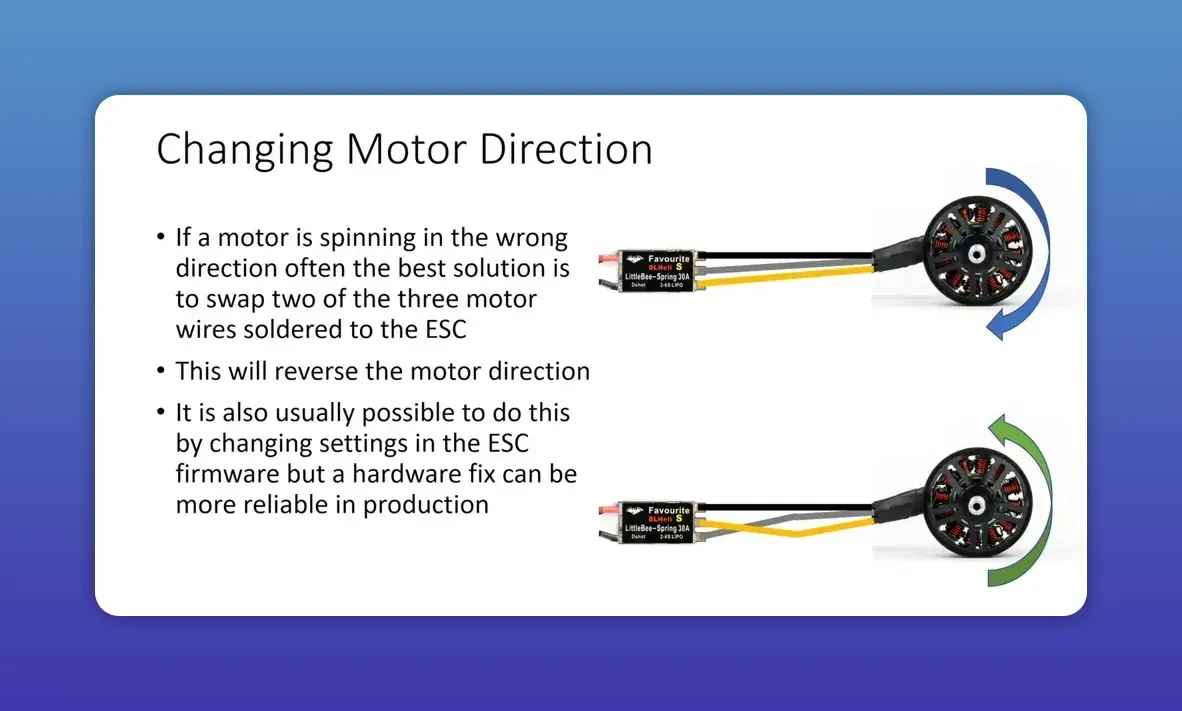 Clear slide 'Changing Motor Direction' showing ESC and motor diagrams with directional arrows and a small presenter inset