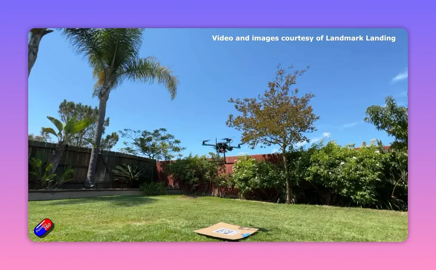 VTOL drone approaching a printed AprilTag landing pad on grass with the pad in the foreground and blue sky