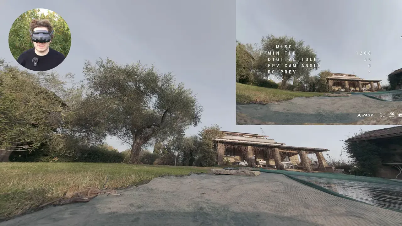 FPV feed with presenter inset and on-screen settings menu showing 'MIN THR' and other tune options