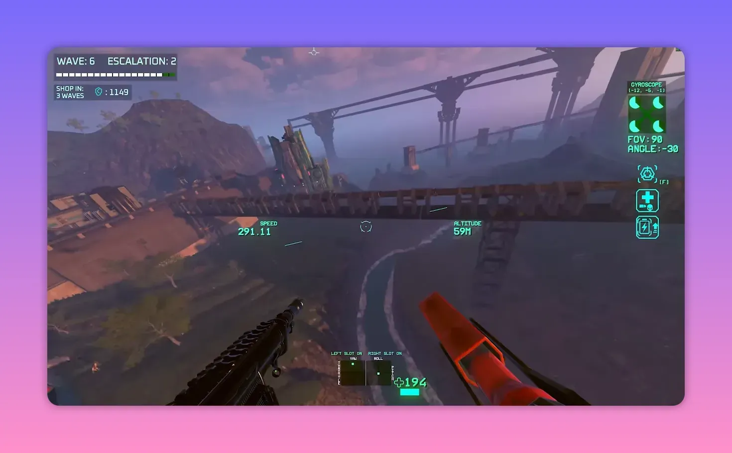 First‑person simulator flight HUD with speed and altitude readouts, showing the view used to judge short‑stick responsiveness