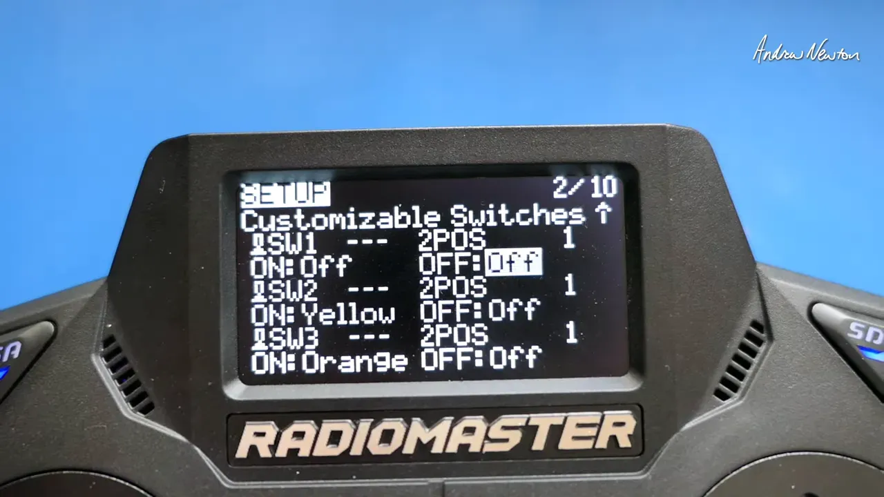 Centered view of the Radiomaster GX12 'Customizable Switches' menu with entries ON:Off, ON:Yellow, ON:Orange and group numbers clearly visible.
