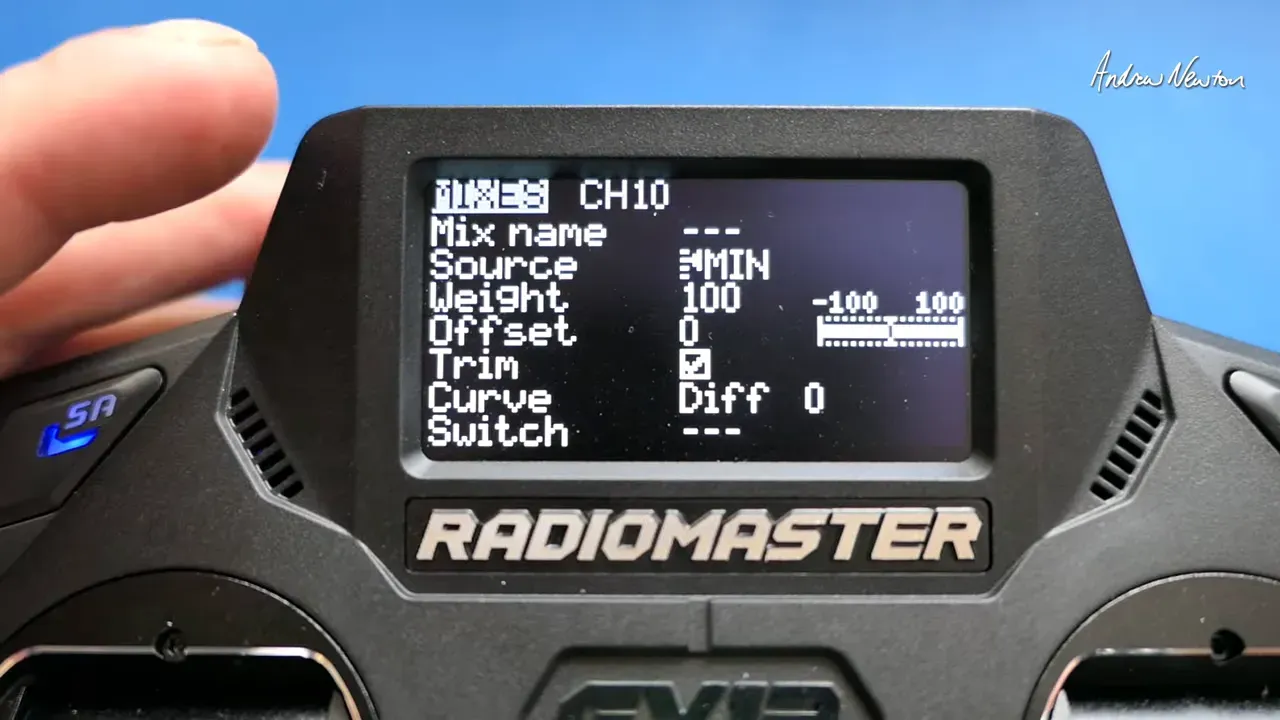 Radiomaster screen on the Mixers page for channel 10 showing fields: Mix name, Source, Weight, Offset, Trim, Curve and Switch.