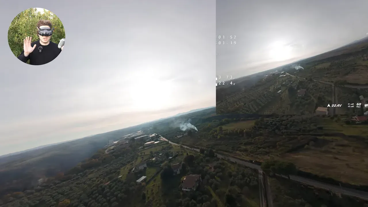 FPV mid-flight view with a tilted horizon, visible telemetry overlay and presenter inset