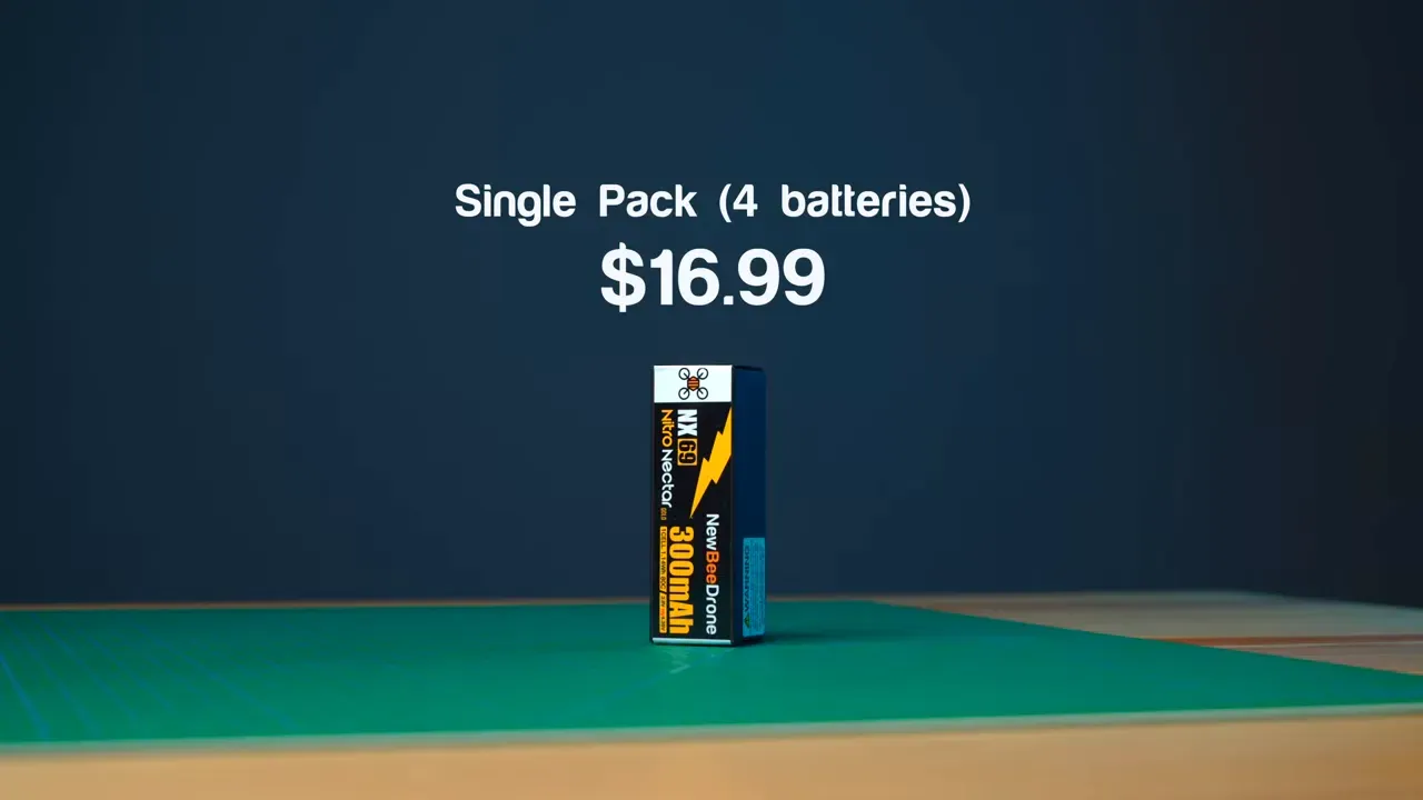 Single Nitro Nectar NX69 300mAh pack on a work mat with overlay text 'Single Pack (4 batteries) $16.99'.
