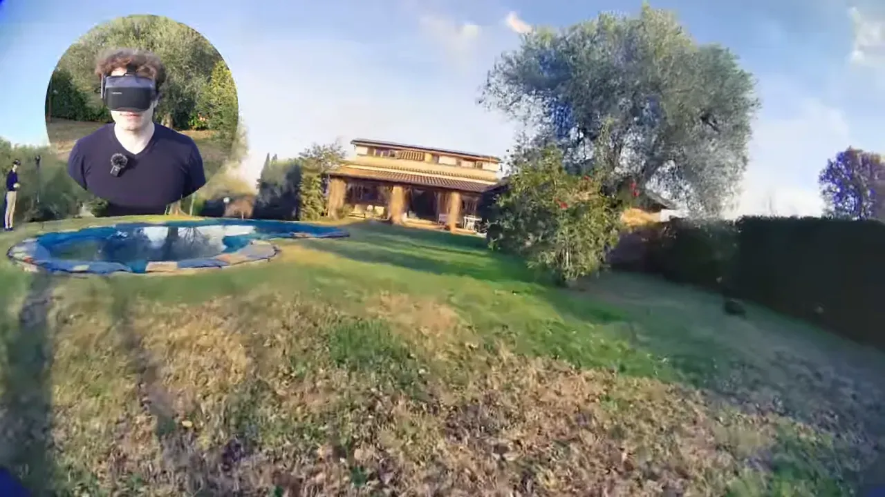 Drone point-of-view of a house, pool and lawn from the Aquila20 HD live feed with a presenter inset in the top-left.