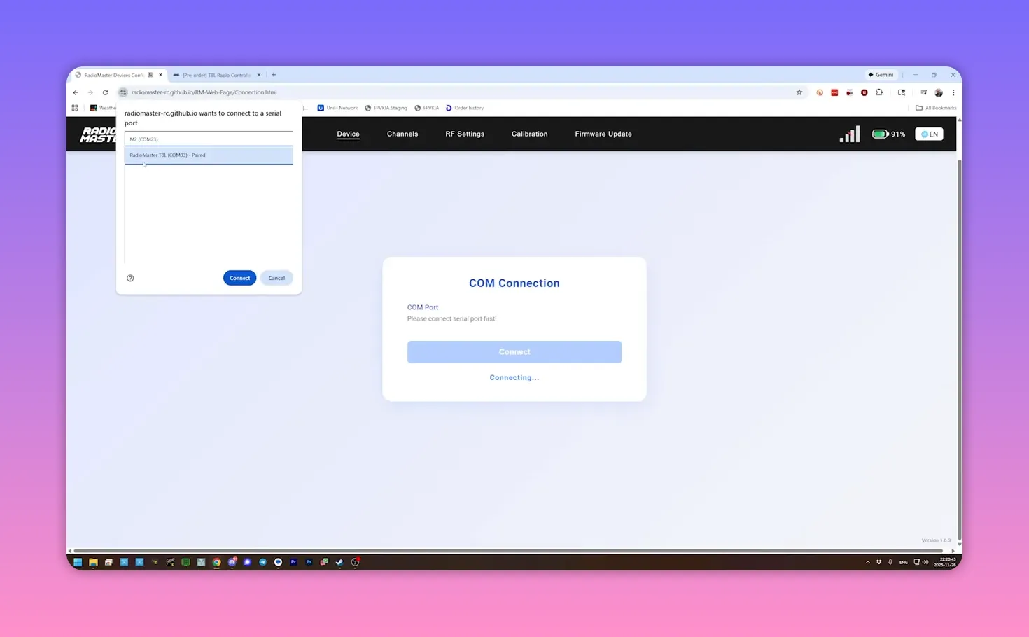 RadioMaster web configurator with a serial port selection dialog and status showing 'Connecting...'