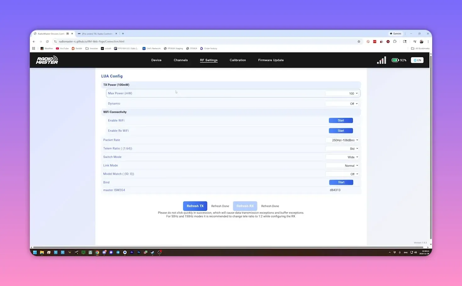 RadioMaster web configurator RF settings screen showing TX power (100 mW), packet rate and Wi‑Fi/connect options
